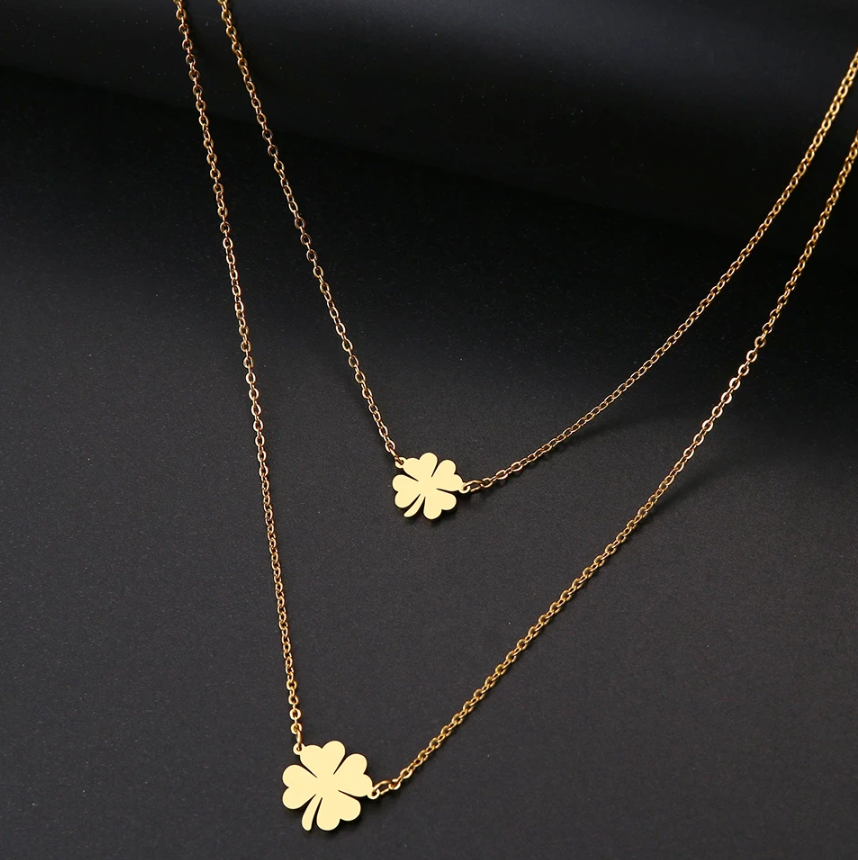 Women Double Lucky Clover Cross Necklace Stainless Steel Gold Color Jewelry Gift