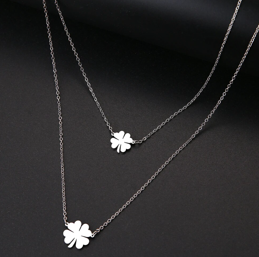 Women Double Lucky Clover Cross Necklace Stainless Steel Gold Color Jewelry Gift